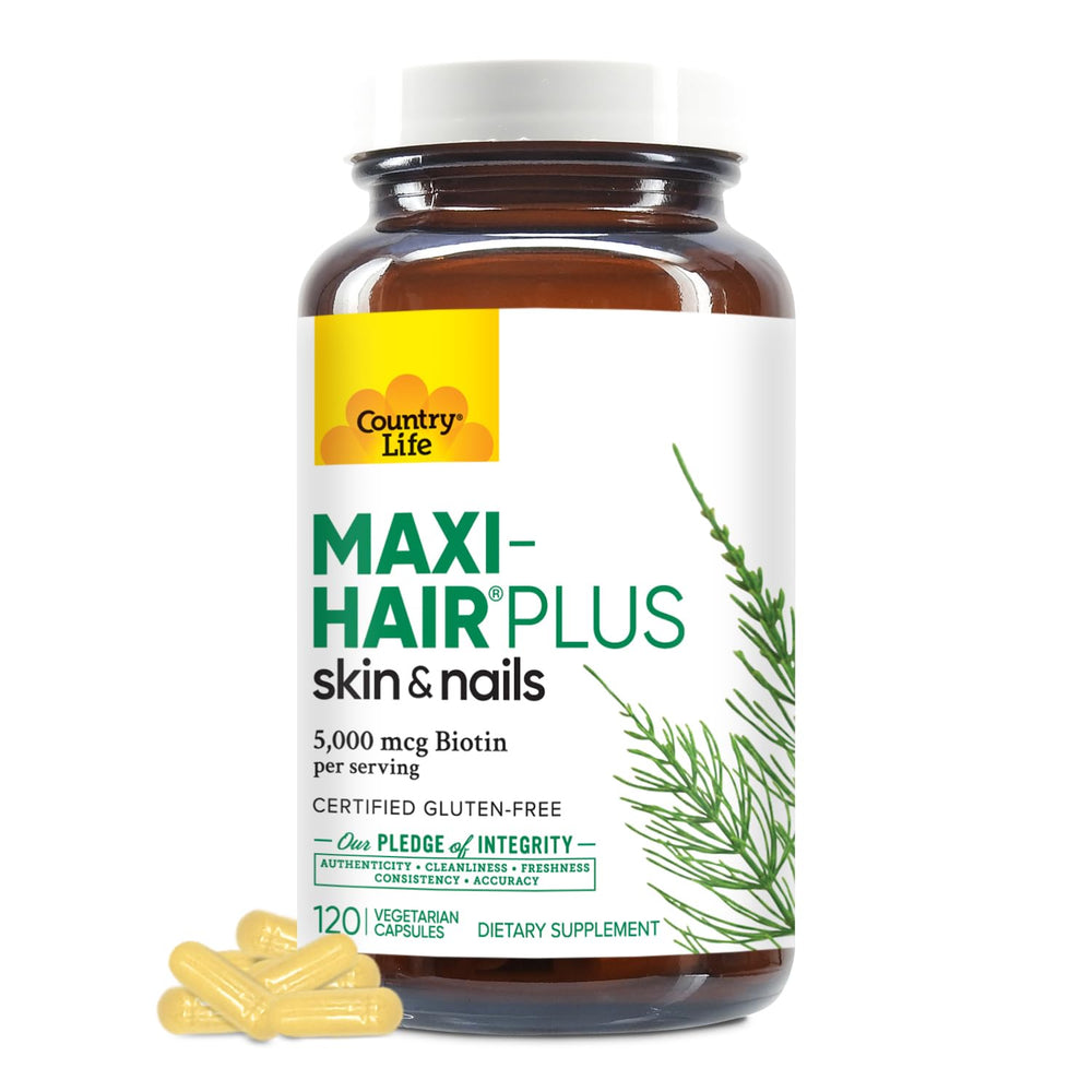 Country Life Maxi-Hair Plus Biotin bottle label on white background