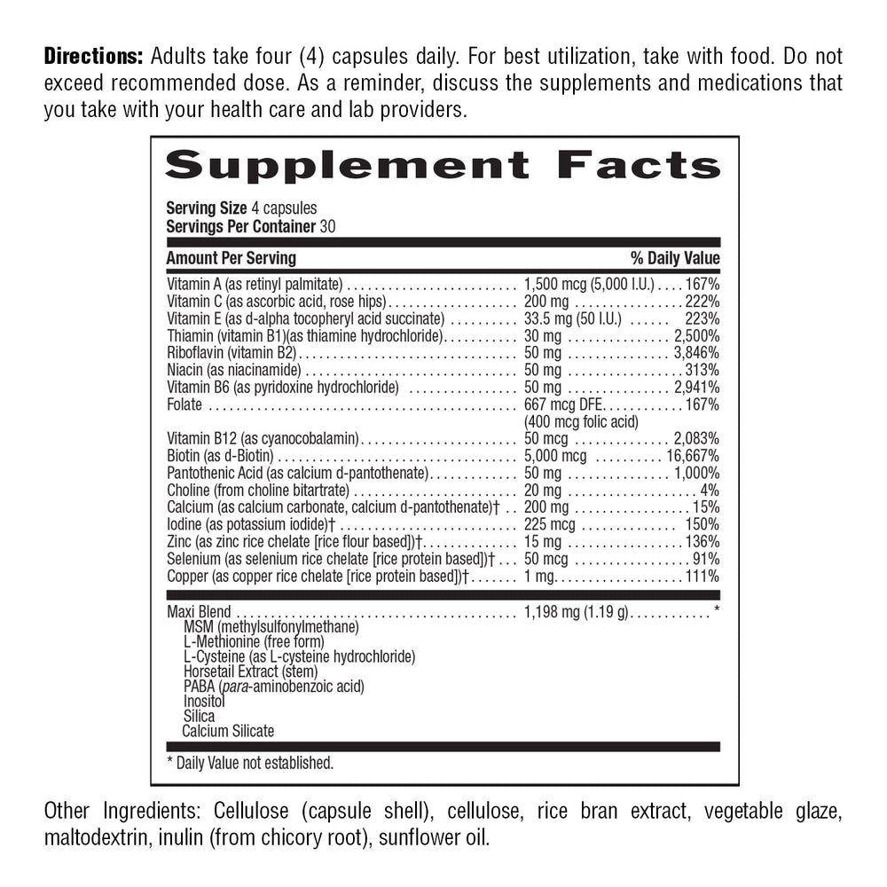Close-up of Maxi-Hair Plus Biotin bottle label with product information