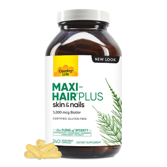 Country Life Maxi-Hair Plus Biotin bottle on white background