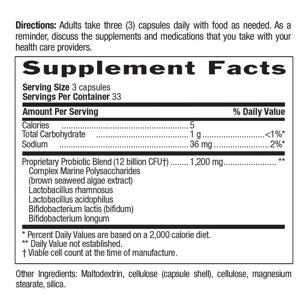 Package displaying 100 vegan capsules for daily probiotic use