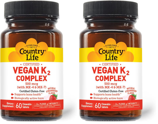 Country Life Vegan K2-500 mcg strawberry flavored chewables bottle front