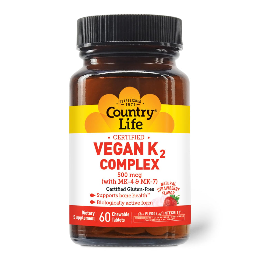 Country Life K2-500 mcg strawberry chewables bottle front label