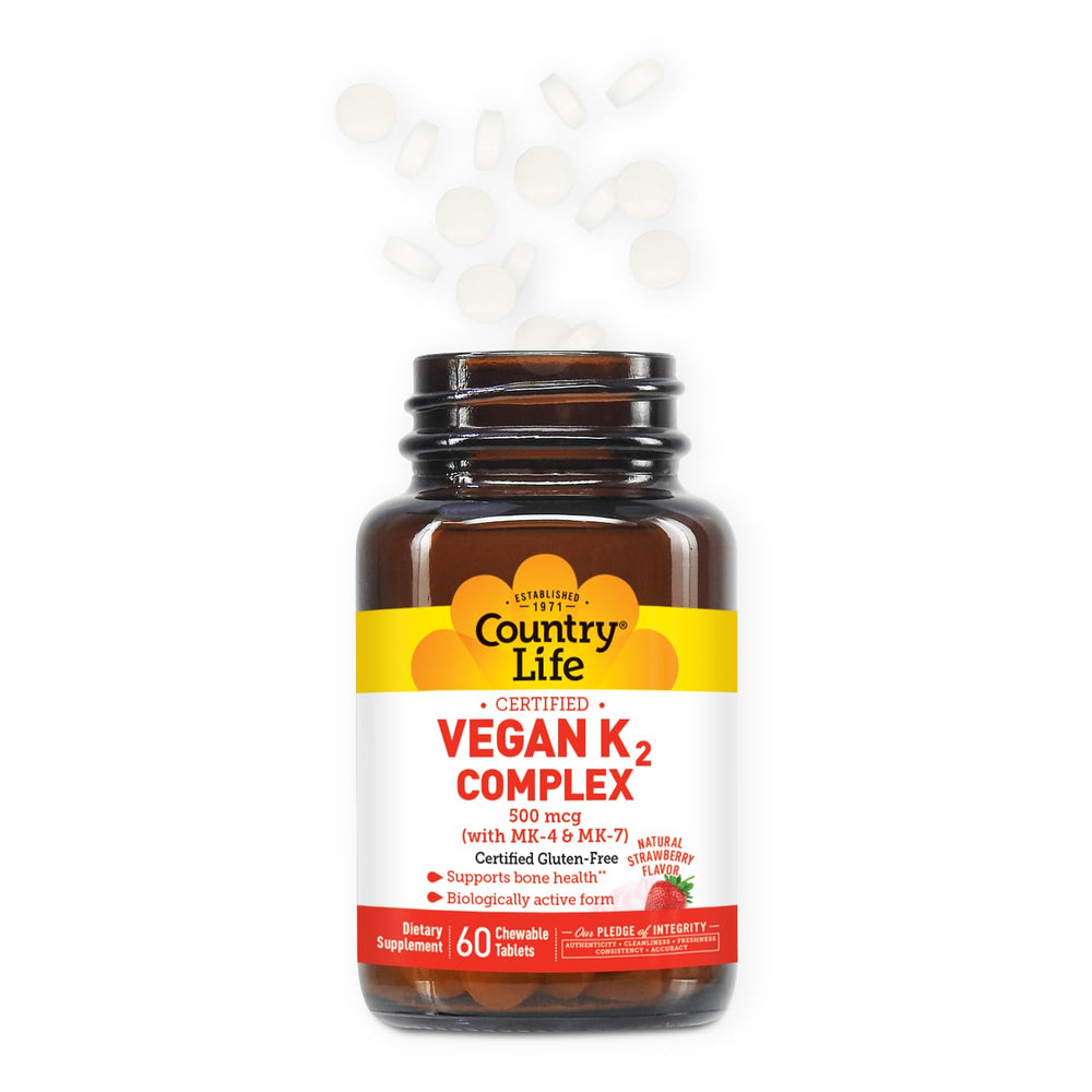 Country Life K2-500 mcg strawberry chewables bottle side view