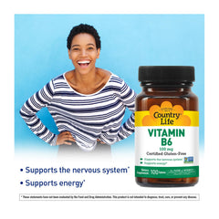 Front-facing image of Country Life Vitamin B-6 capsules in bottle