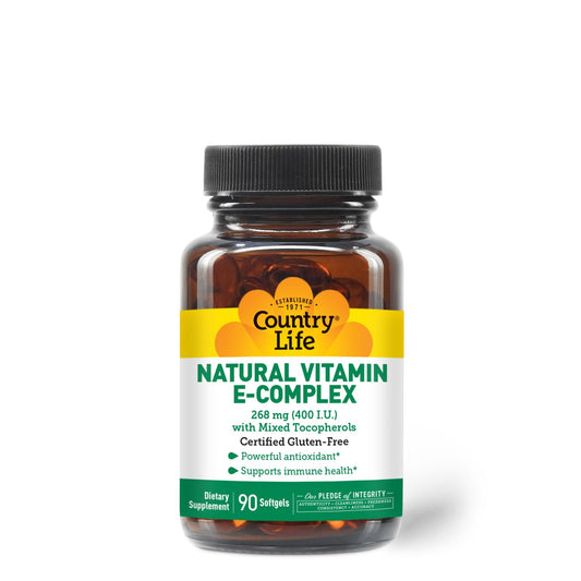 Bottle of Country Life Vitamin E-Complex 400 IU softgels