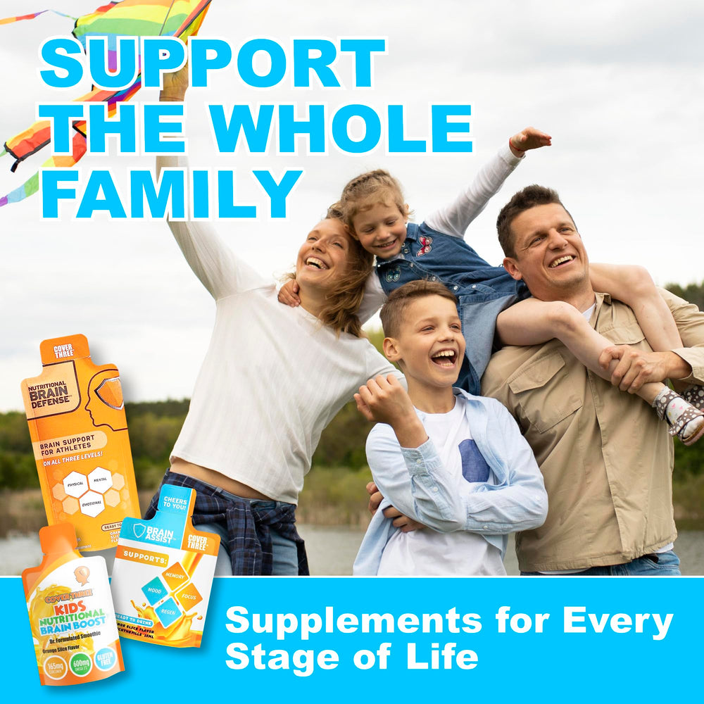 Family-friendly Brain Assist label emphasizing natural ingredients and safe use.