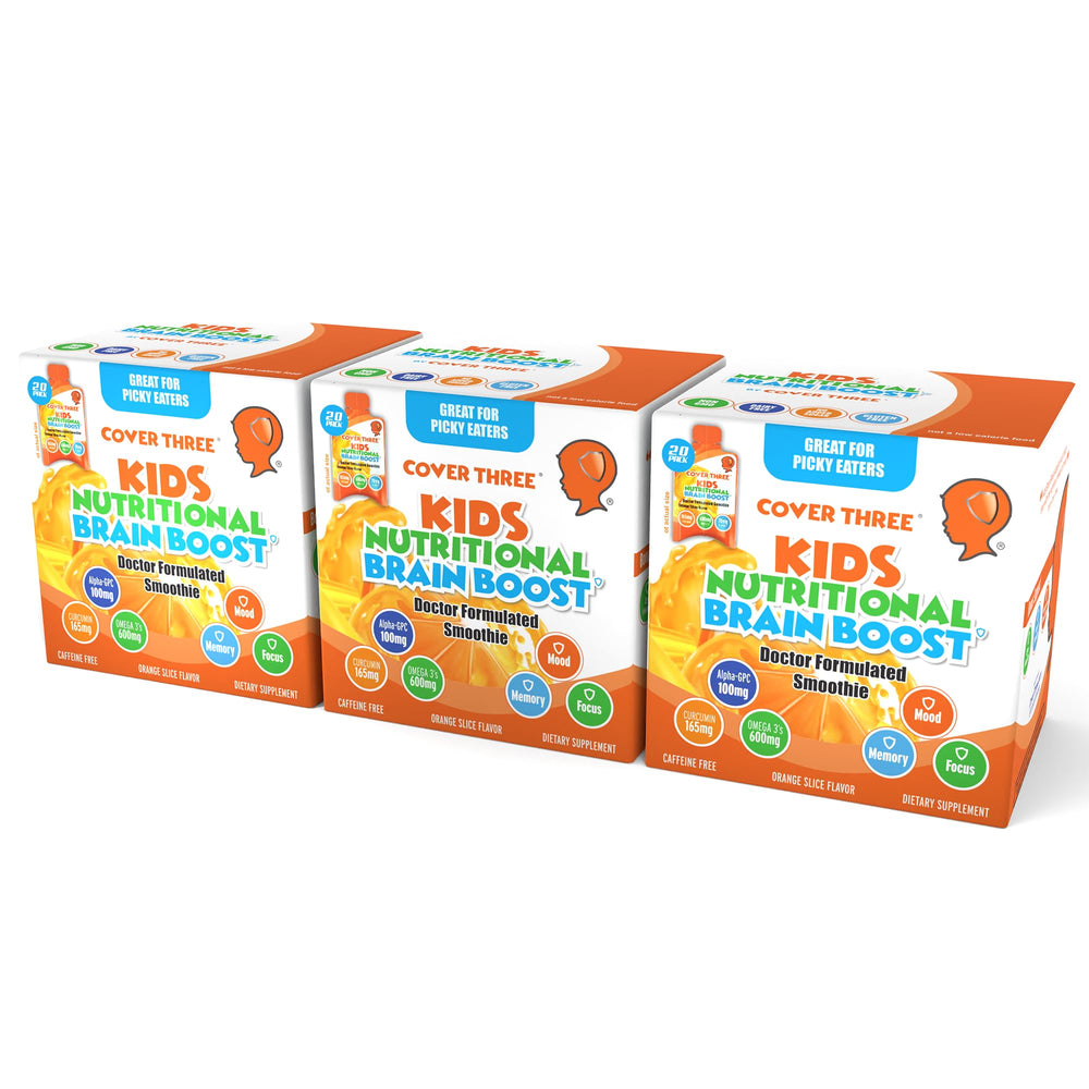 Box packaging of Cover Three Kids Brain Supplement Smoothie with orange flavor