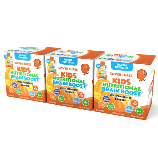 Box packaging of Cover Three Kids Brain Supplement Smoothie with orange flavor