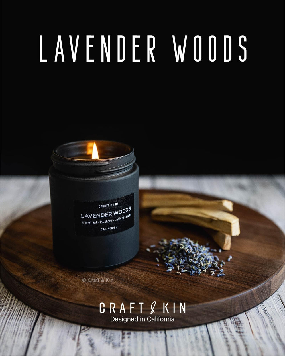 Lavender Woods candle burning with wood wick
