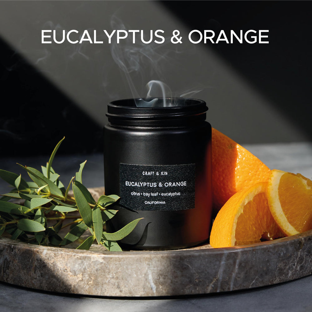 Close-up view of the scented orange and eucalyptus candle