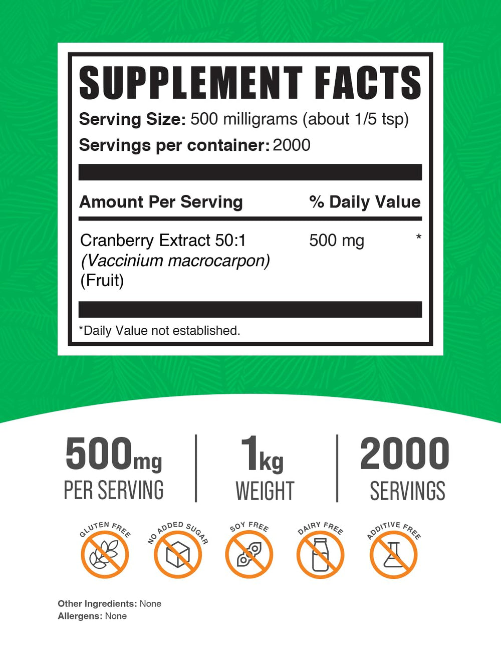 Ingredients panel showing cranberry extract powder from Vaccinium macrocarpon