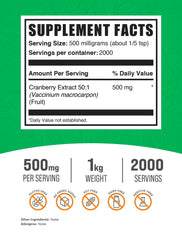 Ingredients panel showing cranberry extract powder from Vaccinium macrocarpon