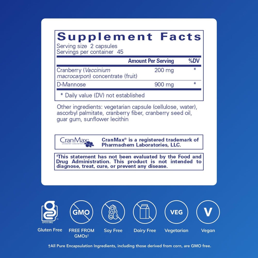 Label showing 200 mg cranberry fruit concentrate and 900 mg D-mannose per serving.