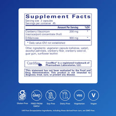 Label showing 200 mg cranberry fruit concentrate and 900 mg D-mannose per serving.