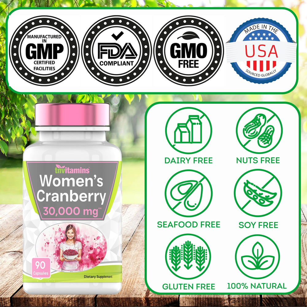 Cranberry pills free from dairy, nuts, seafood, soy and gluten