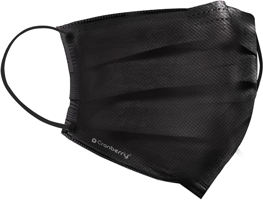 Black Cranberry Carbon earloop mask, side view showing earloops and nose guard