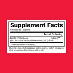 Front view of CranRich Cranberry Concentrate bottle highlighting 90 capsules