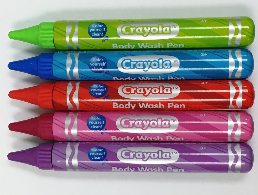 Close-up of Crayola label on body wash tubes highlighting kid-friendly scent.