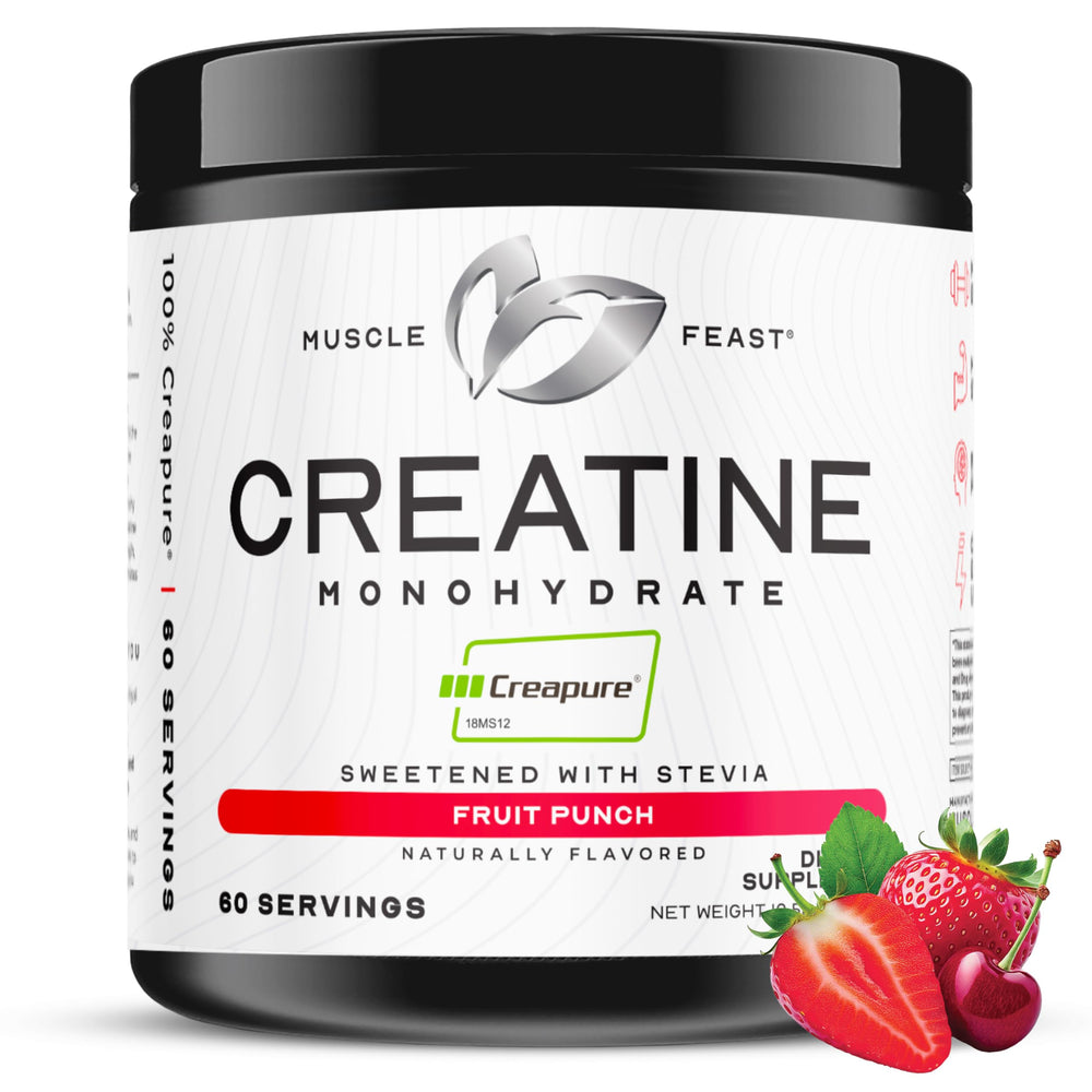 Front label of Muscle Feast Creapure Creatine Monohydrate Powder Natural Fruit Punch 300g