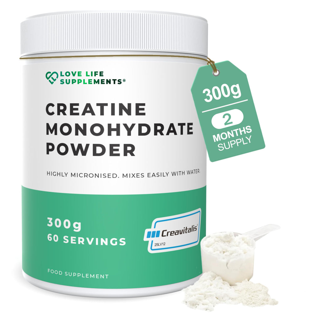 Love Life Creapure Creatine Monohydrate bottle with 150 capsules, 1 g per capsule