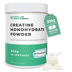 Love Life Creapure Creatine Monohydrate bottle with 150 capsules, 1 g per capsule