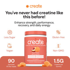 Close-up of Create gummies with orange flavor, vegan and gluten-free.