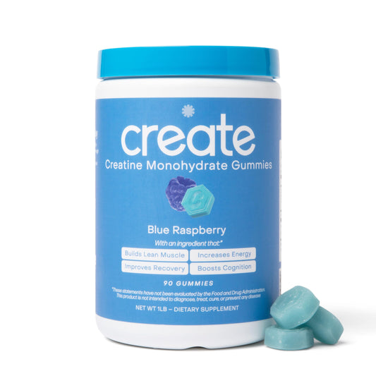 Front view of Blue Raspberry Creatine Monohydrate Gummies bottle (90 ct)