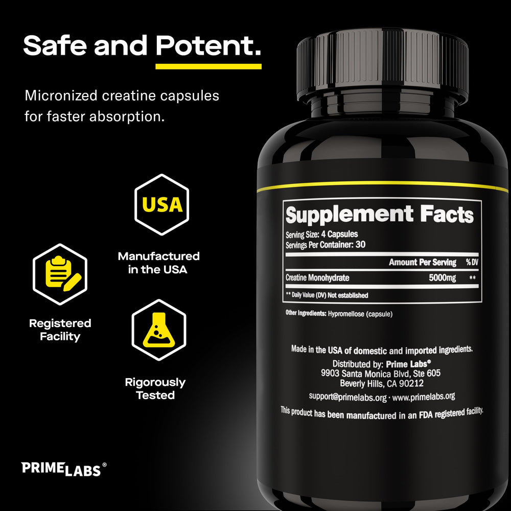 Creatine monohydrate capsules with packaging