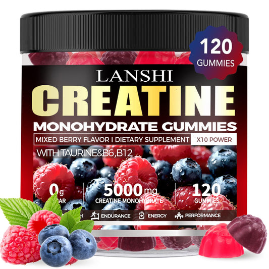 Bottle of Creatine Monohydrate Gummies 5000mg with Mixed Berry flavor, 120 count.