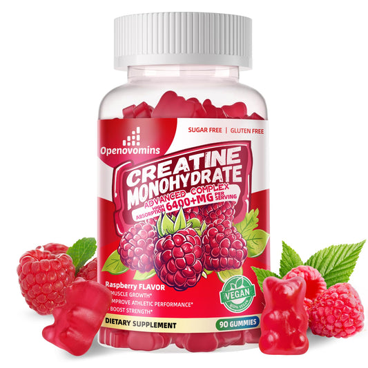 Front bottle of Creatine Monohydrate Gummies Complex 6400mg Raspberry flavor