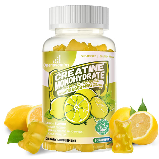Front view of Creatine Monohydrate Gummies Complex lemon bottle
