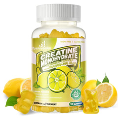 Front view of Creatine Monohydrate Gummies Complex lemon bottle