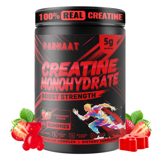 Front view of Creatine Monohydrate Gummies bottle with strawberry flavor and 90 count.