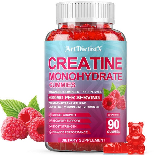 Front view of Creatine Monohydrate Gummies Raspberry bottle