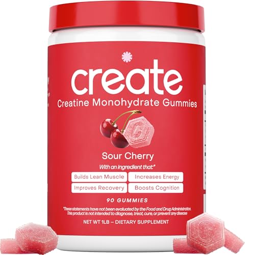 Front label of Creatine Monohydrate Gummies Sour Cherry bottle
