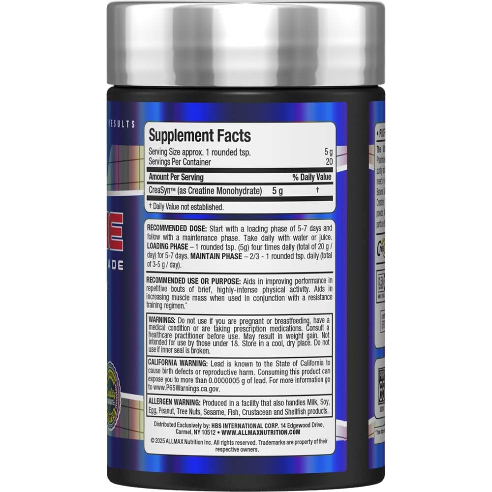 AllMAX Creatine Monohydrate jar label with gluten-free and micronized powder details