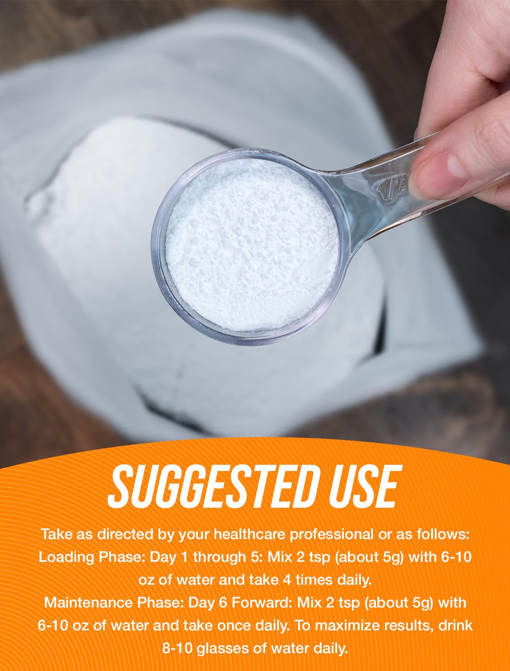 Micronized creatine monohydrate powder with scoop showing 5 g serving
