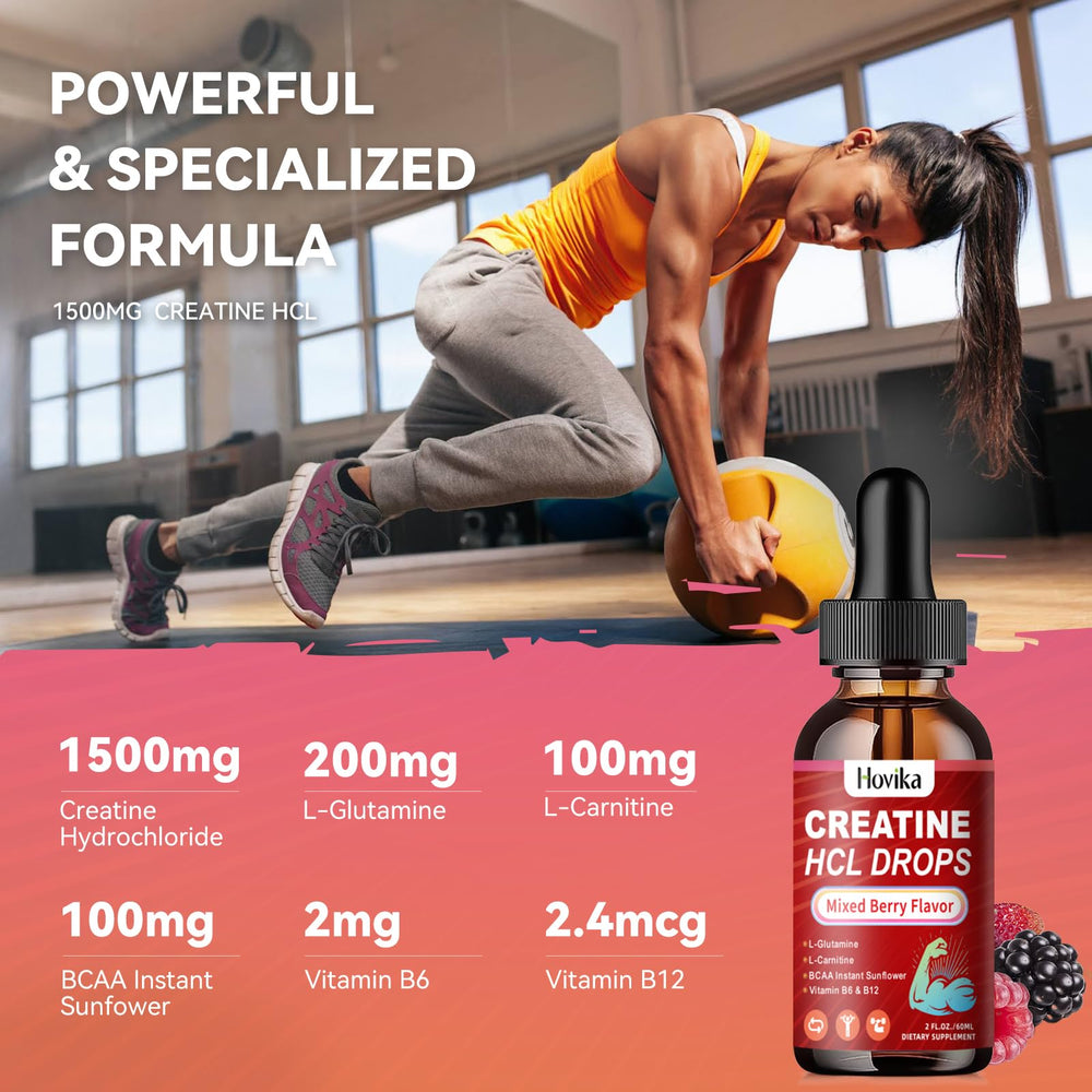 Bottle of Creatine HCL Liquid Drops with fresh berries and a glass