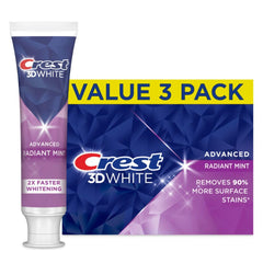 Three Crest 3D White Radiant Mint toothpaste tubes, 3.3 oz each
