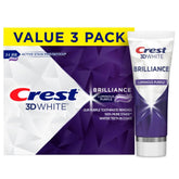 Main image: Crest 3D White Brilliance Luminous Purple toothpaste bulk pack with 3 tubes