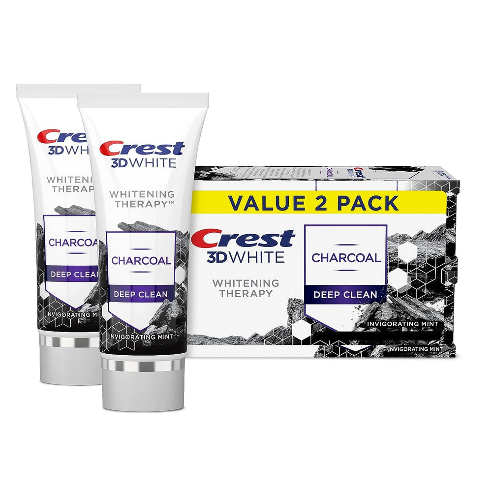 Front view of Crest 3D White Whitening Therapy Charcoal Deep Clean toothpaste 2-pack