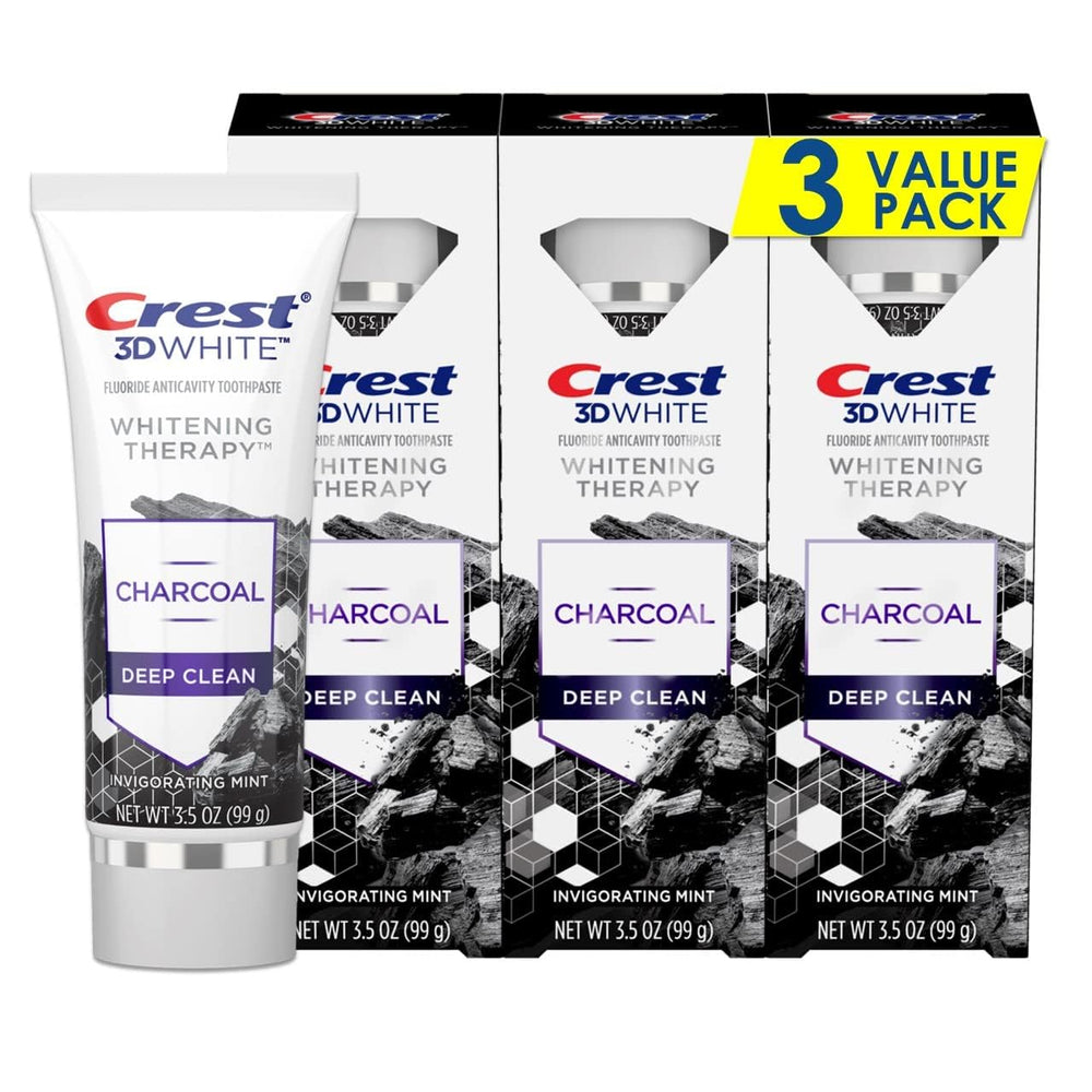 Three Crest 3D White Whitening Therapy Charcoal Deep Clean toothpaste tubes 3.5 oz each in a pack