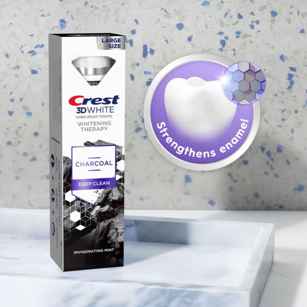 Label close-up on Crest 3D White Whitening Therapy Charcoal Deep Clean