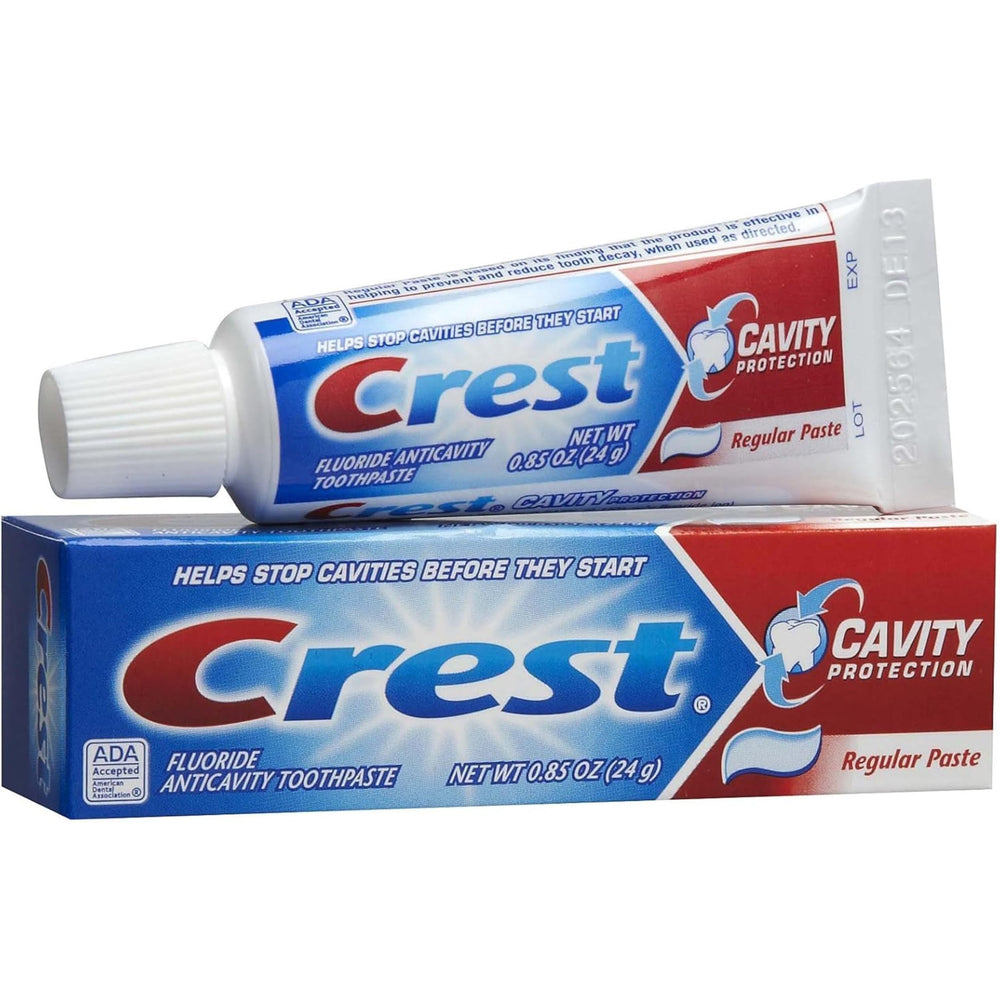 Back view of Crest Cavity Protection toothpaste box 0.85 oz