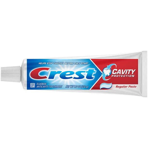 Front view of Crest Cavity Protection toothpaste box and tube