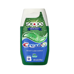 Close-up of minty fresh liquid gel toothpaste with Crest and Scope branding