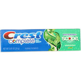 Front view of Crest Complete Whitening Plus Scope toothpaste 12-pack travel tubes