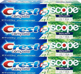Front view of Crest Complete Whitening Plus Scope Outlast Ultra Toothpaste 6.5 oz tube in pack of 4