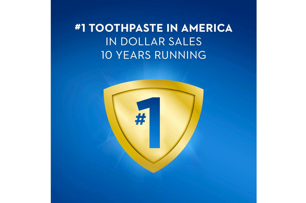 Eight Crest toothpaste tubes in bulk pack