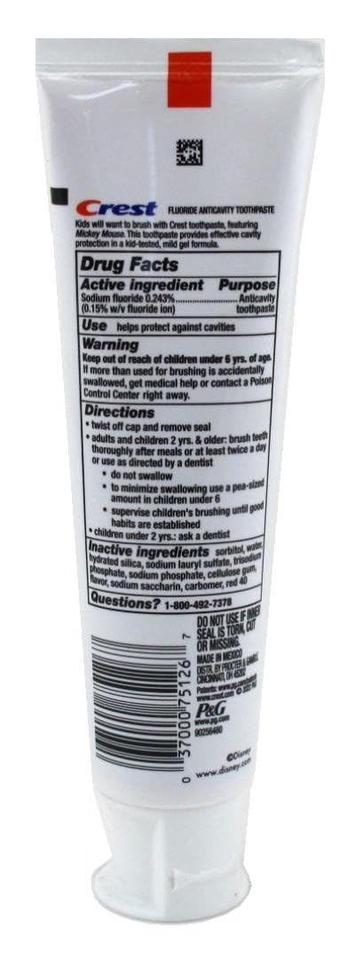 Two tubes of Crest Kids Toothpaste with Mickey Mouse Strawberry packaging
